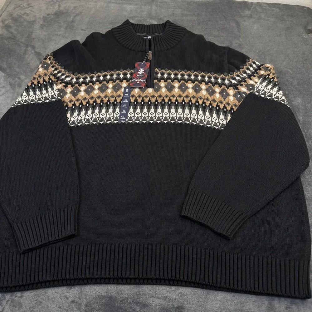IZOD Fair Isle Quarter Zip Sweater Mens 4XB Big Black Cotton Blend Knit NWT